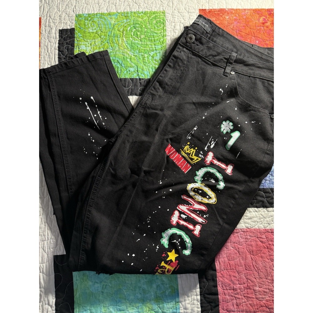 Ashley Stewart Womens Iconic Graffiti Black Ripped Jeans Denim Black Size 22
